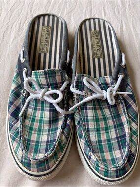 Sperry Plaid Canvas Slip-On Flats in Green, Navy & White